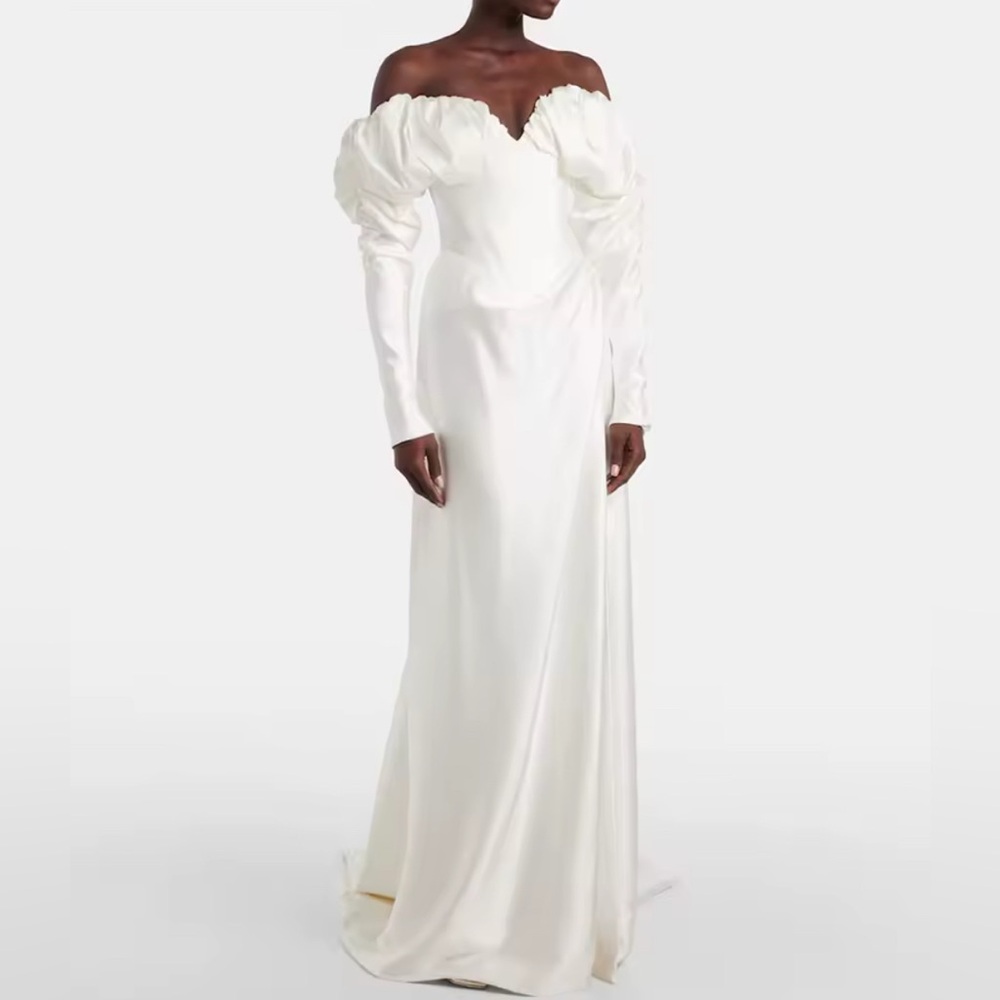 NEW $995 Monaco Grace Elegant Off-Shoulder White Bodice Dress